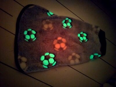 chaleco polar luminoso para perros con pelotas que brillan en la oscuridad gris/futbol brillando atras