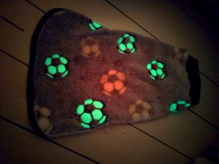 chaleco polar luminoso para perros con pelotas que brillan en la oscuridad gris/futbol brillando atras